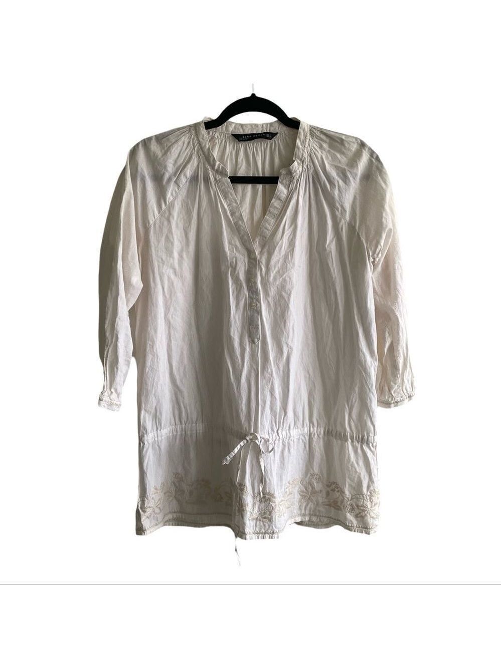 ZARA Cotton Boho Pinstripe Embroidered Long Sleeve Blouse White Tan S
